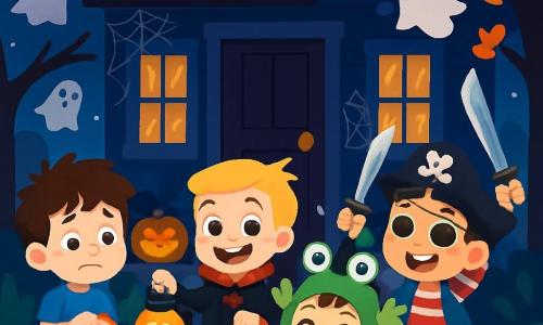 Quatre enfants se tiennent devant une maison décorée pour Halloween. Max, inquiet mais souriant, porte un t-shirt bleu et tient un sac à bonbons. Léo, en costume de vampire, sourit largement avec une lampe citrouille. Tom, déguisé en monstre vert, saute de joie avec un sac à bonbons plein. Sam, en pirate, brandit une épée en plastique et rit. La maison est ornée de toiles d'araignées et de citrouilles illuminées, tandis que des fantômes en papier flottent dans les arbres. Les enfants frappent à la porte, excités mais un peu inquiets, prêts à demander des bonbons.