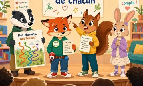 Nino, petit renard roux anthropomorphe, a une expression nerveuse mais fière, yeux grands et brillants, oreilles un peu baissées ; il tient une petite fiche de mots-clés, porte un minuteur champignon à la ceinture, une balle anti-stress dans la poche et un badge « Je peux faire une pause » ; Sami l’écureuil, confiant et souriant, tient la moitié du discours en pointant l’affiche ; Jo le blaireau, calme et concentré à gauche, montre une grande affiche avec chemins et flèches colorées ; Rina la lapine, à droite, souriante et encourageante, mains jointes, prête à prendre la parole ; la scène se situe sur une petite estrade en bois dans une salle commune aux murs pastel, guirlandes et une grande affiche « Les forces de chacun », avec des bancs et d’autres enfants floutés en arrière-plan, lumières douces, atmosphère bienveillante, composition claire et couleurs chaudes à contrastes doux.
