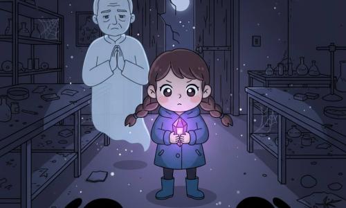 Fille de 12 ans, courageuse et légèrement tremblante, visage rond, grands yeux brillants, cheveux châtain en deux nattes, manteau bleu et bottes en caoutchouc, tenant fermement un cristal violet lumineux à deux mains, posture décidée et regard fixé sur la lumière. Un esprit ancien d’environ 60 ans, silhouette translucide blanc-bleutée, traits doux et mélancoliques, flotte derrière elle à gauche, mains jointes en signe de gratitude. Des ombres tordues, noires et ondulées, sans visages détaillés, se recroquevillent au sol et reculent vers l’arrière-plan. Décor : laboratoire abandonné avec tables en métal rouillé, étagères renversées, fioles cassées, poussière en fines particules, toiles d’araignée et grande porte en bois fissurée laissant entrer une bande de clair de lune. Le cristal projette une lumière violette qui éclaire les visages et repousse les ombres, ambiance nocturne au contraste marqué entre la lumière douce du cristal et l’obscurité profonde du laboratoire. Palette : violet lumineux, bleu nuit, gris métallique, touches de blanc. Style kawaii minimal : formes simplifiées, contours nets, textures légères, expressions douces, atmosphère mystérieuse mais rassurante.