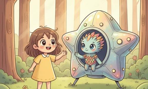 Émilie, 8 ans, émerveillée et souriante, tend la main vers un vaisseau en forme d’étoile scintillant; un extraterrestre Luno, de la taille d’un enfant, à plumes irisées et grands yeux bleus doux, se tient à la porte ronde entrouverte et fait un geste accueillant. Le vaisseau, à coque métallisée aux reflets changeants et petites lumières pastel, est posé dans une clairière verdoyante parsemée de fleurs, les rayons du soleil filtrant entre de grands arbres — lumière chaude, couleurs douces et composition centrée sur la rencontre amicale.