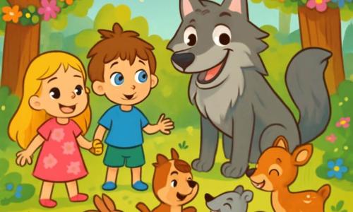 Il y a trois personnages : Léa, une fille de 7 ans avec de longs cheveux dorés et une robe rose à fleurs, qui sourit en tenant la main d'Hugo, un garçon de 6 ans aux yeux bleus et cheveux bruns, portant un t-shirt bleu et un short vert, curieux. À côté d'eux se trouve le Grand Méchant Loup, une créature majestueuse à la fourrure grise et aux yeux brillants, souriant amicalement malgré sa taille. L'image se déroule dans une clairière enchantée au cœur d'une forêt magique, avec des arbres majestueux, des fleurs colorées et des animaux curieux formant un grand cercle. Léa et Hugo présentent le Grand Méchant Loup aux autres animaux, créant une atmosphère de fête et d'amitié où la peur s'est transformée en joie.
