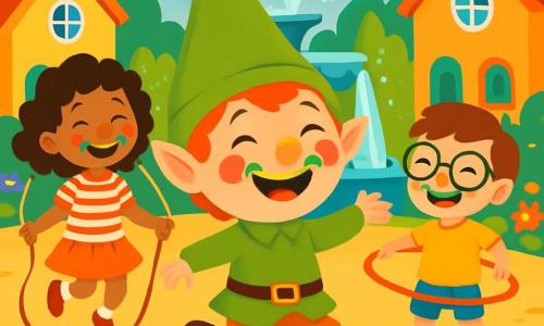 Un petit lutin nommé Pistache, joyeux et espiègle, danse en riant au milieu d'un groupe d'enfants. Zoé, une petite fille de 8 ans, saute à la corde, tandis que Tom, un garçon de 7 ans avec des lunettes, essaie de faire des figures avec un cerceau. Le décor est une grande place du village, entourée de maisons colorées et de jardins fleuris, avec une fontaine scintillante au centre. La scène montre Pistache et les enfants riant ensemble, avec des moustaches colorées après avoir croqué dans une pomme arc-en-ciel, créant une ambiance joyeuse et amicale.
