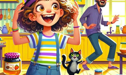 Zoé, une fille de 10 ans aux cheveux châtains bouclés et au sourire amusé, porte un t-shirt rayé et un short en jean. Dans sa cuisine lumineuse, elle rit aux éclats avec un chapeau melon coloré. Son père, un homme d'une trentaine d'années avec une barbe broussailleuse, marche à reculons, surpris par de la confiture tombant du plafond. À côté, Monsieur Biscotte, un chat noir aux yeux verts, fait la roue joyeusement. La cuisine, aux murs jaunes et à la table en bois massif, est en désordre avec des pots de confiture. Zoé invente une règle loufoque transformant la cuisine en une piste de danse chaotique, où tout le monde marche à l'envers, créant une ambiance amusante.