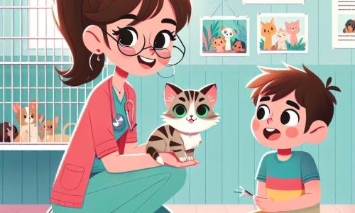 Sophie, vétérinaire passionnée d'une trentaine d'années, a des cheveux châtains en queue de cheval et porte des lunettes rondes. Elle sourit chaleureusement en tenant un petit chaton aux yeux verts, Choupette. À ses côtés, Lucas, un garçon de onze ans aux cheveux bruns en bataille, observe avec émerveillement, accroupi et tenant un carnet rempli de dessins d'animaux. La scène se déroule dans la clinique vétérinaire « Les Pattes Heureuses », un lieu accueillant avec des murs pastel, des affiches éducatives et des cages transparentes. Sophie examine Choupette tout en expliquant à Lucas comment prendre soin des animaux, illustrant leur interaction joyeuse et la passion de Lucas pour les animaux ainsi que le dévouement de Sophie.