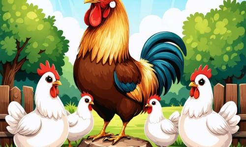 Un coq nommé Caramel, avec des plumes dorées et un peigne rouge, se tient sur une butte au centre de la ferme, affichant une expression déterminée. Il surveille son entourage, prêt à défendre ses poules qui, aux plumes blanches et brunes, l'écoutent attentivement, un peu inquiètes mais admiratives. En arrière-plan, la ferme est entourée de champs verdoyants, avec une clôture en bois, une grange rouge et des arbres fruitiers, créant une ambiance paisible. Caramel crie pour alerter les poules d'un danger imminent, alors qu'un renard s'approche furtivement de la clôture, et les poules semblent prêtes à suivre leur coq.