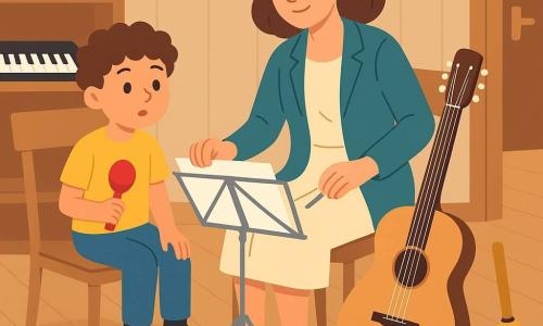 Lila, musicienne souriante mais concentrée, cheveux bruns mi-longs, veste bleu-vert et robe claire, est assise et répare calmement un pupitre métallique plié au centre tandis qu'une guitare repose à côté ; Noé, garçon de 6 ans aux cheveux bouclés châtains en t-shirt jaune, est assis sur une chaise trop grande à gauche, tenant une petite maracas rouge et aidant à tenir une partition avec un air attentif et rassuré ; la salle de répétition en bois clair avec parquet contient une grande table aux partitions éparpillées, une étagère d'instruments, une porte entrouverte laissant filtrer une lumière chaude et un balai jaune appuyé contre la table, ambiance chaleureuse, sereine et visuellement simple, couleurs douces et contrastes nets.