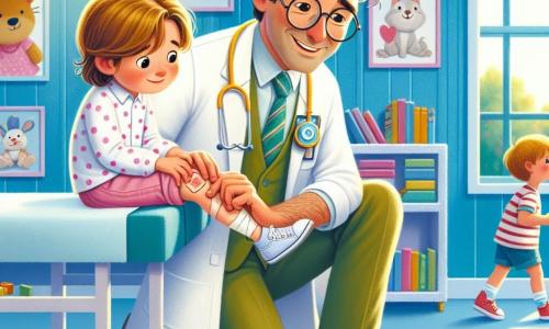 Un docteur nommé Paul, souriant et bienveillant, porte une blouse blanche et un stéthoscope coloré. Il est accroupi pour soigner une petite fille, Léa, âgée d'environ 7 ans, qui a un genou éraflé. Léa, avec ses longs cheveux blonds et sa robe rose à pois, regarde Paul avec un sourire rassuré. La scène se déroule dans une clinique lumineuse aux murs bleus, décorée de dessins d'animaux et de jouets colorés. Paul examine le genou de Léa avec douceur, tandis qu'un petit garçon, Sam, âgé de 6 ans, observe la scène avec curiosité, prêt à consulter le docteur après elle.
