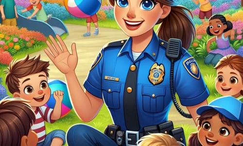 Clara, une policière souriante d'une trentaine d'années avec des cheveux bruns en queue de cheval et un uniforme bleu vif, s'accroupit pour parler à un groupe d'enfants. Parmi eux, Lucas, un petit garçon de 7 ans aux cheveux blonds, lève la main avec enthousiasme, tandis qu'Emma, une petite fille de 6 ans avec des couettes brunes, sourit en tenant une balle colorée. La scène se déroule dans un parc verdoyant avec des arbres, des fleurs et des rires d'enfants. Clara raconte une histoire sur son métier, soulignant l'importance de la sécurité et de l'entraide, tout en encourageant les enfants à rêver de leur avenir.