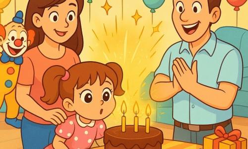 Une fillette de 4 ans aux yeux brillants et en couettes souffle les bougies d'un gâteau au chocolat qui grandit sous des étincelles dorées; sa mère souriante, main sur son épaule à gauche, et son père applaudissant à droite, entourés d'invités surpris et rieurs, tandis qu'un clown en costume jaune et un clown singe coloré font des gestes comiques près du canapé dans un salon lumineux aux murs pastel, décoré de guirlandes, ballons, nappes rayées et cadeaux sur une table en bois.