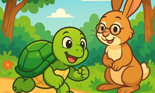 Toto, une tortue à la carapace verte brillante et aux yeux déterminés, court avec enthousiasme sur un chemin de terre, exprimant joie et concentration. À ses côtés, un vieux lièvre sage au pelage brun clair, portant des lunettes rondes, l'encourage avec un sourire bienveillant. La scène se déroule dans une forêt ensoleillée, où de grands arbres forment un dôme vert au-dessus d'eux, et des fleurs colorées ajoutent de la magie. Toto participe à une course excitante, déterminée à prouver sa rapidité, tandis que les autres animaux l'observent avec surprise et admiration.