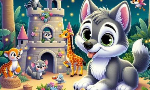 Un jeune loup nommé Loupou, avec un pelage gris et des yeux malicieux, se tient au centre, souriant, les pattes pleines de sable, admirant son château de sable. À sa droite, Gigi, une girafe tachetée, regarde émerveillée, et à gauche, Flammy, un flamant rose, fait des pirouettes joyeuses. En arrière-plan, Pandi, un panda noir et blanc, décore le château avec des fleurs. La scène se déroule dans une piscine nocturne entourée de verdure, illuminée par des lucioles, avec un château de sable orné de coquillages et de fleurs, créant une ambiance festive et amicale.