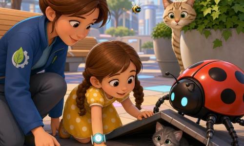 Fille de 6 ans concentrée, tresses brunes, robe jaune à pois, accroupie la main sur une dalle chaude; femme d'une trentaine d'années en veste bleue (logo feuille-et-engrenage) à genoux posant un capteur; robot coccinelle rouge à points noirs soulève délicatement le kiosque plié pour libérer un petit chaton gris timide; une chatte crème tigrée attend derrière un grand pot de lierre; place centrale futuriste aux pavés changeant de couleur, kiosques modulaires pliés, arbres en pots et petits drones abeilles; scène chaleureuse du matin, lumière douce pastel, secours humains et robotisés déployant le kiosque pour sauver le chaton.