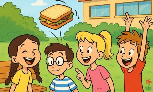Lina, une fille de 8 ans avec des cheveux bruns en tresses et des yeux pétillants, rit en voyant un sandwich s'échapper. Samir, un garçon de 8 ans avec des lunettes rondes et un t-shirt rayé, compte les rebonds du sandwich en souriant, se tenant à côté de Lina. Zoé, une fille de 8 ans aux cheveux blonds en queue de cheval, montre le sandwich en riant, de l'autre côté de Lina. Hugo, un garçon de 8 ans avec des cheveux ébouriffés et un t-shirt rouge, lève les bras derrière Lina. La scène se passe dans une cour d'école ensoleillée avec un banc en bois, des buissons verts et des fleurs colorées. Le sandwich, enveloppé dans un papier avec un dessin de bouche souriante, rebondit sur l'herbe.