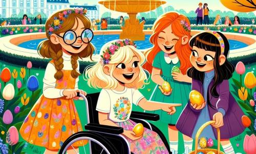 Dans un parc ensoleillé, quatre amies participent à une chasse aux œufs de Pâques. Lucy, 10 ans, est assise dans son fauteuil roulant, souriant avec un œuf doré. Sarah, debout à côté d'elle, a des cheveux blonds en tresses et pointe vers un buisson. Emma, légèrement en retrait avec des cheveux roux et un t-shirt à motifs de lapins, rit en tenant un panier d'œufs en chocolat. Clara, accroupie près d'une fleur dorée, examine un indice caché. Le parc est coloré avec des tulipes, une fontaine et des décorations de Pâques. Les amies découvrent un œuf doré et un parchemin les invitant à suivre un chemin secret pour un trésor caché.