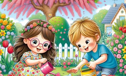 Dans un jardin ensoleillé, deux enfants, Léa et Romain, plantent des graines. Léa, 7 ans, avec de longs cheveux bruns et des lunettes rondes, utilise une petite pelle rose, tandis que Romain, 6 ans, avec des cheveux blonds en bataille et un t-shirt bleu, arrose les graines avec un arrosoir jaune. Le jardin est rempli de fleurs éclatantes, comme des tulipes rouges et des jonquilles jaunes, avec un grand cerisier en fleurs au fond. Ils chantent joyeusement en arrosant les graines, impatients de voir les fleurs pousser.