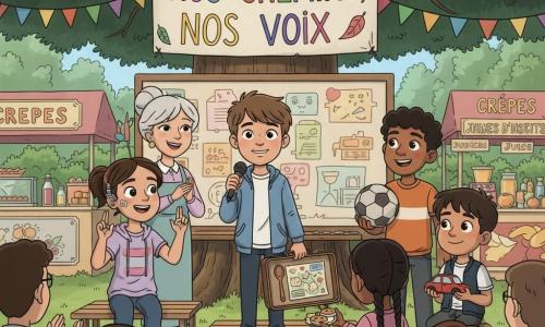 Un garçon de 12 ans, Yanis, au centre, sourire timide, veste bleu clair, tient un micro et une valise ouverte avec une cuillère en bois, un ticket de bus et une carte ; à sa gauche Zoé, 12 ans, peau claire, appareil auditif décoré, sourit et fait un signe en langue des signes, assise sur un banc ; derrière et à droite Samir, 12 ans, peau métissée, tient un ballon de foot usé et rit doucement ; Leïla, 11–12 ans, cheveux en tresses, tablier taché, distribue des morceaux de 