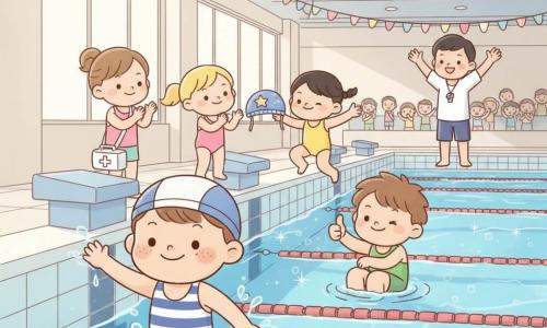Tom, 6 ans, visage rond, cheveux châtains courts, taches de rousseur, maillot bleu et blanc et bonnet de travers, touche la ligne d’arrivée dans une grande piscine intérieure, eau aux épaules, sourire soulagé ; autour de lui ses amis : Léa (6 ans) rieuse en couette et maillot rose applaudissant, Maxime (6 ans) confiant en maillot vert faisant un clin d’œil et levant le pouce, Zoé (6 ans) douce en tresse et maillot jaune sautillant et offrant un bonnet ; le moniteur Hugo (≈30 ans) encourage avec un large sourire et un sifflet, la maman (≈30 ans) regarde fièrement depuis le bord avec une trousse de premiers soins ; ambiance festive avec lignes de couloir rouges et blanches, bulles et éclaboussures, banderoles et ballons pastel, tribune de parents applaudissant et lumière douce filtrant par de grandes fenêtres.