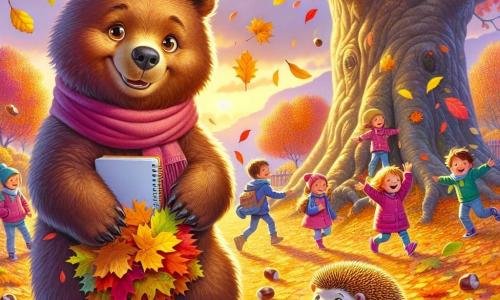 Barnabé l’ours, un grand ours brun souriant, se tient au centre d’un parc en automne, entouré de feuilles dorées et rouges. Joyeux et curieux, il tient un carnet et un crayon, prêt à dessiner la nature. À côté de lui, Fripouille le hérisson, avec ses piquants dorés, roule une boule de feuilles colorées, cherchant les meilleures pour son lit d’hiver. Des enfants rient et jouent, ramassant des marrons et fabriquant des couronnes de feuilles, ajoutant de la gaieté à la scène. Le parc, avec un grand chêne, des buissons touffus et un ciel orangé et violet, crée une ambiance chaleureuse et joyeuse.