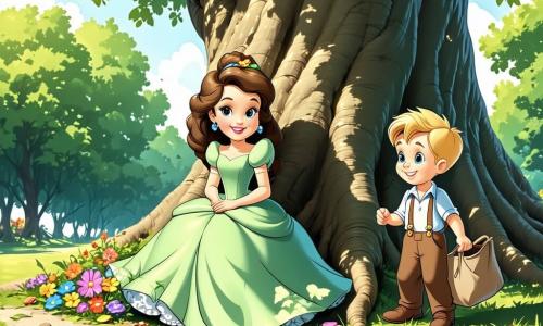 Cendrillon, une jeune fille de 12 ans aux cheveux châtains bouclés, porte une robe légère en tissu vert émeraude, ornée de fleurs colorées. Elle sourit, assise au pied d'un chêne dans une clairière ensoleillée. À ses côtés, un petit garçon de 10 ans, aux cheveux blonds, tient un sac en toile rempli de déchets qu'il vient de ramasser, affichant une expression joyeuse. Un groupe d'enfants les entoure, riant et jouant, avec des outils de jardinage ou des sacs pour ramasser les déchets. La clairière est baignée de lumière dorée, avec des fleurs dansant sous la brise, des oiseaux chantant et une rivière scintillante à proximité. Cendrillon et ses amis nettoient la rivière, souriants et engagés, tandis qu'une pierre brillante émerge de l'eau, symbolisant la magie de la forêt.