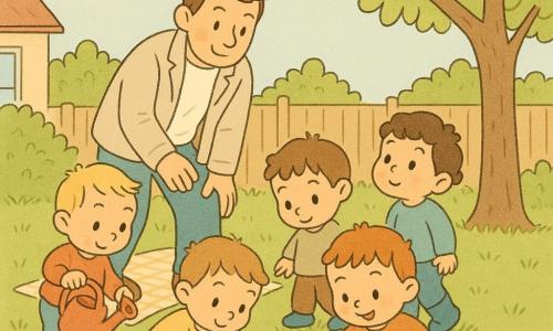 Cinq personnages dans un petit jardin de maison au matin : Papa, homme aux cheveux bruns courts et veste claire, sourit et aide Tom à enfiler ses bottes ; Léo, blond d’un an, arrose une fleur avec un petit arrosoir rouge à gauche ; Noé, châtain d’un an, touche une petite fleur jaune devant Papa ; Sami, noir aux cheveux bouclés d’un an, regarde un oiseau dans l’arbre à droite de Noé ; Tom, roux d’un an, porte des bottes colorées et saute dans une flaque brillante sous un grand arbre, le tout dans des couleurs douces, traits ronds et expressions joyeuses.