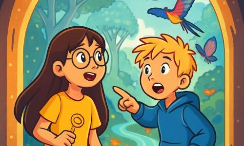 Léna, une fille de 11 ans avec de longs cheveux bruns et des lunettes rondes, porte un t-shirt jaune vif et un short en jean. Elle tient une clé dorée et regarde avec émerveillement un tunnel lumineux. Mathis, un garçon de 11 ans aux cheveux blonds en bataille et aux taches de rousseur, porte un sweat à capuche bleu et un pantalon cargo. Il se tient à côté d'elle, les yeux écarquillés, pointant vers un monde magique. Ce tunnel scintillant mène à un paysage fantastique avec des arbres géants aux feuilles argentées et une rivière de lumière. Des créatures magiques volent autour d'eux. Léna et Mathis, émerveillés, découvrent cet univers rempli de surprises après avoir ouvert une porte mystérieuse.