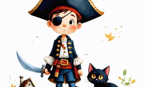 Un garçon de 5 ans, Antoine, est déguisé en pirate avec un chapeau noir, un cache-œil et une épée en carton. Son visage souriant et ses yeux pétillants d'excitation se tiennent devant une maison abandonnée. À ses côtés, un chat noir se frotte contre sa jambe, curieux et espiègle. La scène se déroule devant une maison hantée aux murs décrépits, avec des fenêtres brisées et une porte grinçante. Des ombres dansent sur les murs, créant une atmosphère mystérieuse. Antoine, prêt à entrer dans l'inconnu, est observé par le chat, comme s'ils s'apprêtaient à vivre de grandes aventures.
