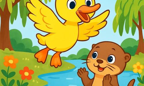 Un canard nommé Plume, avec un plumage jaune éclatant et un petit bec orange, vole joyeusement au-dessus d'un lac scintillant, ses yeux brillants de bonheur. À ses côtés, Lila la loutre, avec son pelage brun doux et ses grands yeux curieux, nage en applaudissant. Le décor est enchanteur, avec des saules pleureurs, des fleurs colorées dansant au vent et un ciel bleu parsemé de nuages. La scène capture le moment magique où Plume réalise son rêve de voler, entouré de la beauté de la nature et de l'amitié.