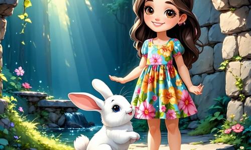 Une fille de 11 ans, nommée Emma, se tient au bord d'un vieux puits de pierre, émerveillée et curieuse. Elle a de longs cheveux bruns et porte une robe colorée à fleurs. À ses côtés se trouve Gustave, un lapin blanc aux yeux pétillants, qui semble l'inviter à entrer dans un monde magique. Derrière elle, Biscuit, un golden retriever joyeux, remue la queue, prêt pour l'aventure. Le jardin est rempli de fleurs éclatantes, et des rayons de soleil filtrent à travers les arbres fruitiers. Emma découvre un coffre en bois caché près du puits, contenant une carte ancienne et un œuf doré, marquant le début de sa quête magique pour Pâques.