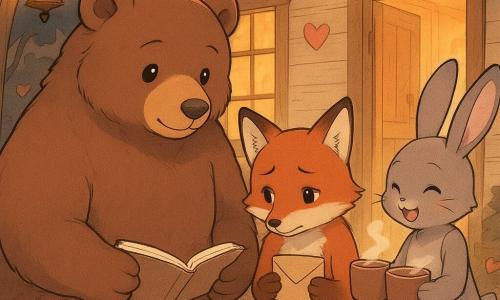 Barnabé, un gros ours brun au pelage doux, assis sur un banc en bois avec un carnet sur les genoux et un confetti en forme de cœur à l’oreille, Marius, un renard roux timide tenant une enveloppe beige, et Lina, une petite lapine grise offrant deux tasses de chocolat fumant, partagent un moment intime et rassurant dans le hall du village peint en crème, éclairé d’une lumière dorée crépusculaire; lanternes, rubans et guirlandes de cœurs décorent la scène aux tons chauds (or, brun, rouge, rose) dans un style manga doux, contours nets et détails mignons.