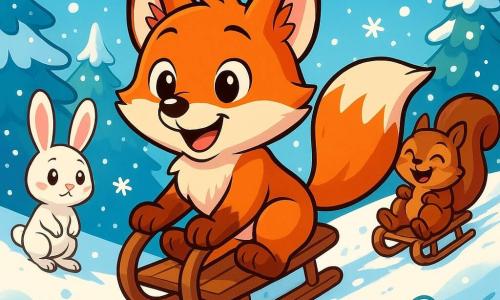 Un jeune renard roux aux yeux curieux glisse joyeusement sur une pente de neige, souriant de bonheur. À ses côtés, une petite lapine blanche observe avec excitation, prête à glisser, tandis que son frère, un écureuil brun, rit en dévalant la pente. La scène se déroule dans une forêt enchantée, avec des arbres couverts de neige et un ciel bleu parsemé de nuages. Le renard et ses amis s'amusent ensemble sur la piste de luge, partageant des rires dans la magie de l'hiver.