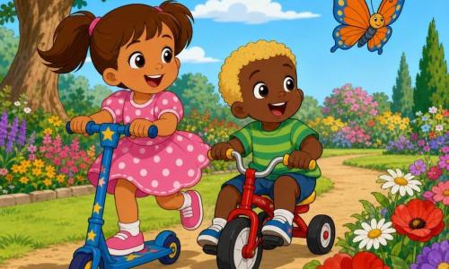 Une fillette de 4 ans malicieuse sourit, cheveux châtains en couettes, robe rose à pois, roule doucement sur une trottinette bleue étoilée; à côté, un garçon de 2 ans blond en t-shirt rayé vert pédale en zigzag sur un petit tricycle rouge; un papillon orange et bleu vole devant eux au-dessus de fleurs dans un grand jardin ensoleillé avec pelouse verte, un grand chêne à gauche et un chemin de terre courbé, ambiance joyeuse aux couleurs vives, style dessin animé années 90.