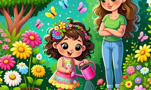 Lila, une petite fille de 2 ans aux grands yeux pétillants et aux cheveux bouclés, porte une robe colorée à fleurs. Elle sourit en arrosant des fleurs dans le jardin avec un arrosoir rose. Sa maman, une femme d'environ 30 ans aux cheveux longs et bruns, vêtue d'un t-shirt vert et d'un jean, l'observe avec tendresse près d'un pot de fleurs. Le jardin est rempli de fleurs éclatantes de couleurs variées et de papillons multicolores. Lila s'amuse à arroser les fleurs, attirée par un petit ver de terre qui émerge du sol et la fait rire.