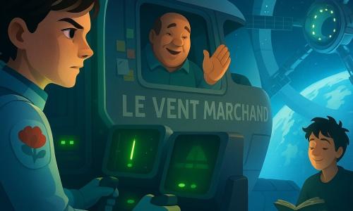 Maëlle, pilote concentrée et sereine aux courts cheveux bruns et au regard déterminé, en combinaison spatiale bleu pâle avec un patch en églantine, est assise dans un petit cockpit métallique, mains sur les commandes, fixant des écrans lumineux; à travers une fenêtre du grand cargo gris Le Vent Marchand, le capitaine Joran, corpulent et chaleureux d’environ 45 ans, sourit et fait un geste de soulagement à bâbord près d’un tableau de bord chargé d’étiquettes colorées; à l’arrière, le second d’environ 22 ans, cheveux ébouriffés et encore somnolent, tient un manuel de sécurité ouvert assis près d’un conteneur marqué Semences; en toile de fond, la station anneau argenté Aurore‑7 avec bras robotiques, panneaux solaires bleus et fenêtres vertes éclaire une Terre détaillée, des micro‑débris forment une nuée lointaine; la manœuvre d’arrimage est calme et précise, Maëlle guidant le cargo le long d’un couloir d’ombre tandis que des lumières d’amarrage vertes s’alignent et que des bips fins retentissent, l’atmosphère est coopérative et douce; palette de bleus profonds, gris métalliques, verts lumineux et jaune chaud, formes arrondies, style aux lignes nettes, dégradés lisses et textures subtiles, expression douce et lisible pour enfants.