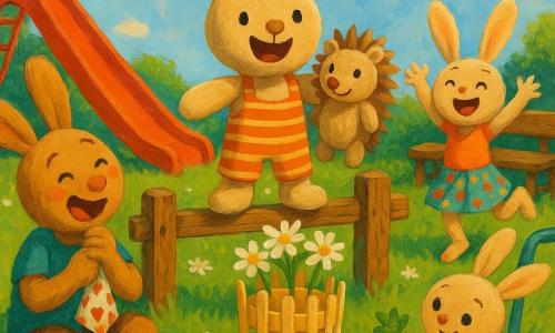Léo, un petit lapin en peluche vivant, joyeux et fier, est debout sur une barrière en bois tenant Croquepatte, un hérisson en peluche beige et marron au regard calme; à gauche Malo, grand frère taquin en tee-shirt bleu tenant un mouchoir à cœurs, à droite Nina, sœur en jupe colorée en train de danser, et Mia, petite sœur accroupie montrant une petite carotte en tissu; le parc en fin d’après-midi présente herbe ponctuée de pâquerettes, un toboggan rouge et un vieux banc, au centre un trophée bricolé (boîte de fromage décorée), ambiance joyeuse et colorée avec coups de pinceau et textures épaisses d’acrylique.