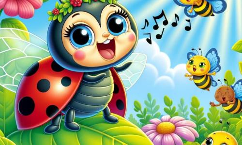 Une coccinelle nommée Lila, avec des ailes rouges et des taches noires, se tient sur une feuille verte, les yeux brillants et un sourire large. Elle chante joyeusement, ses ailes légèrement déployées. À côté, un papillon aux ailes jaunes et bleues l'encourage en battant des ailes, perché sur une fleur rose. Un groupe d'abeilles, souriantes, les entoure, captivées par la voix de Lila. Le jardin est luxuriant, rempli de fleurs multicolores et d'un ciel bleu éclatant, créant une ambiance chaleureuse. Lila chante avec passion lors d'un concours de chant, entourée de ses amis insectes qui l'écoutent avec admiration.