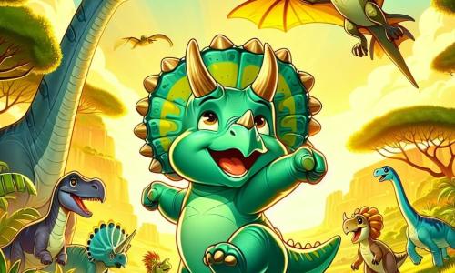 Un jeune tricératops nommé Trico, à la peau verte et aux trois cornes, se tient au centre de la scène avec détermination et joie, prêt à participer à un tournoi. À ses côtés, Doris, un diplodocus bleu ciel, l'encourage avec un sourire, tandis que Polo, un ptéranodon aux ailes déployées et plumage jaune vif, vole au-dessus d'eux en poussant des cris d'excitation. La scène se déroule dans une vallée verdoyante, avec des fleurs géantes et des arbres majestueux, où des dinosaures se rassemblent autour d'un terrain, créant une atmosphère festive. Trico est prêt à relever des défis avec ses amis, entouré de rires et d'encouragements.