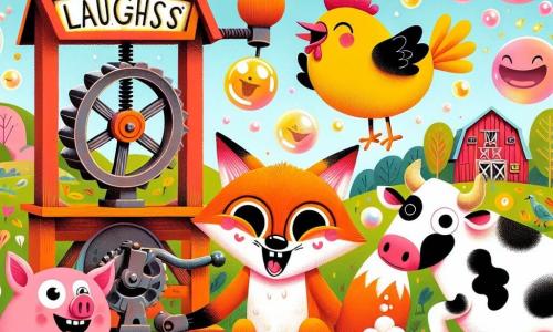 Un renard nommé Félix, aux poils orange vif et aux yeux malicieux, se tient au centre, souriant en tournant une manivelle sur sa machine à rigolades. À ses côtés, Gaspard, un cochon rose aux joues rondes, saute de joie, tandis que Lili, une poule aux plumes jaunes, bat des ailes, perchée sur un seau. En arrière-plan, Marguerite, une vache blanche avec des taches noires, sourit, oreilles dressées. La scène se déroule dans une ferme colorée, entourée de champs verdoyants et de fleurs, avec une grange rouge et un ciel bleu. La machine à rigolades, faite de vieux objets, est entourée de bulles de savon, créant une atmosphère joyeuse. Les animaux rient et s'amusent ensemble, célébrant l'amitié et la créativité.