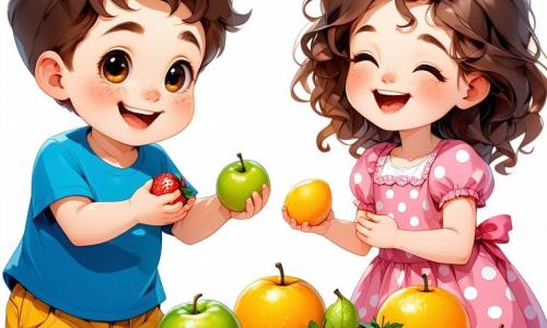 Léo, un petit garçon de 1 an aux grands yeux pétillants et cheveux bruns en bataille, sourit en jouant avec des fruits en plastique sur une table. Il porte un t-shirt bleu et un pantalon jaune. À côté de lui, Sofia, une petite fille de 1 an avec des cheveux bouclés et une robe rose à pois, rit en tenant une pomme en plastique. La scène se déroule dans une salle de classe colorée, avec des murs jaunes et des dessins d'animaux. Léo et Sofia s'amusent à jouer à la marchande, échangeant des fruits en plastique et partageant un moment de joie et d'amitié.