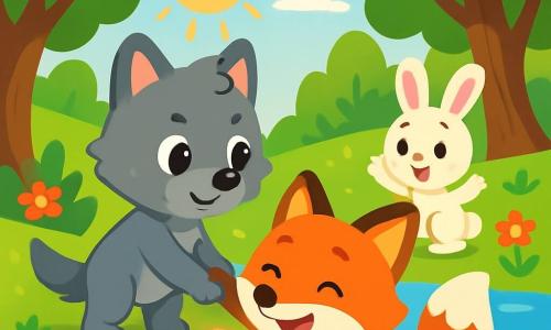 Léo, un petit loup au pelage gris et aux yeux curieux, se tient au bord d'une rivière scintillante, déterminé à aider son ami Max le renard, qui sort de l'eau avec un sourire. Nina la lapine, aux grandes oreilles blanches, l'encourage avec une expression d'inquiétude devenue joie. La scène se déroule dans une forêt verdoyante, baignée de lumière dorée. Léo est prêt à sauver Max, illustrant l'esprit d'équipe et l'amitié face aux défis.