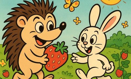 Un hérisson malicieux et joyeux aux yeux ronds, piquants stylisés noirs et marron et pelage clair autour du museau, tenant une grosse fraise rouge et souriant; à droite en arrière-plan, un lapin blanc nommé Gaston, enthousiaste et naïf, grandes oreilles souples, yeux étonnés, sautillant en tendant la patte vers une fraise; autour d’eux, une colline de fraisiers avec herbe verte texturée, fleurs jaunes et papillons, fruits rouges brillants et feuilles vert foncé; ciel bleu pastel avec soleil jaune et nuages moelleux; un petit ruisseau scintillant au premier plan avec pierres lisses; couleurs vives, lignes souples, formes arrondies, atmosphère chaleureuse de complicité et de gourmandise.