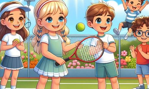 Dans un club de tennis ensoleillé, quatre enfants s'amusent sur un court. Léa, 10 ans, avec des cheveux blonds et des nattes, est prête à frapper une balle avec sa raquette rouge. À ses côtés, Mia, 9 ans, nouvelle élève avec de longs cheveux bruns et une raquette trop grande, regarde déterminée. Tom, 10 ans, avec des lunettes et des cheveux châtains, applaudit ses amis, tandis que Lucas, 9 ans, avec des cheveux bouclés et un t-shirt bleu, saute de joie après avoir marqué un point. Le court est entouré de verdure et de fleurs colorées, sous un ciel bleu et ensoleillé. Léa et Mia s'entraînent ensemble, avec Léa expliquant à Mia comment frapper la balle, tandis que Tom et Lucas les encouragent. L'image reflète l'esprit d'équipe et l'amitié, avec des sourires sur leurs visages.