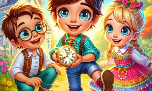 Au centre de l'image, Lucas, un petit garçon curieux aux cheveux bruns en bataille, tient une montre à gousset souriante, affichant une expression d'émerveillement. À ses côtés, Mia, sa meilleure amie aux cheveux blonds tressés et portant une robe colorée, sourit joyeusement en regardant la montre. Max, le voisin aux lunettes rondes et aux cheveux châtains, se penche en avant, examinant la montre de plus près. Le décor se situe dans un jardin ensoleillé, rempli de fleurs colorées et de grands arbres, avec une petite maison en arrière-plan. Les trois amis sont en pleine enquête, découvrant ensemble le mystère de la montre magique, prêts à résoudre une nouvelle aventure.