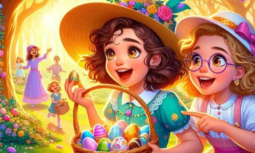 Claire, une fille de 12 ans aux boucles brunes et aux yeux curieux, se tient au centre de l'image avec un chapeau de paille orné de rubans. Elle tient un panier en osier rempli d'œufs en chocolat, son visage rayonnant d'excitation. À ses côtés, sa meilleure amie Léa, également 12 ans, avec des cheveux blonds et des lunettes rondes, sourit en montrant un œuf caché sous un buisson fleuri. Le décor est un parc lumineux avec des arbres décorés de fleurs et des enfants jouant au loin. Claire et Léa découvrent un œuf mystérieux sous un vieux chêne, dans une atmosphère magique évoquant l'esprit joyeux de Pâques.