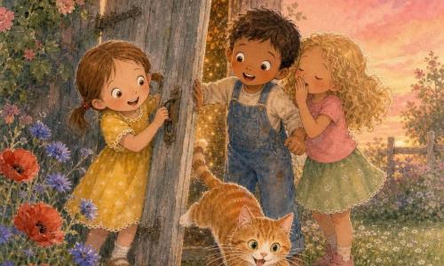 Dans un grand jardin de grand-mère au crépuscule, trois enfants d'environ six ans découvrent une vieille porte en bois posée contre une grange: Lisa, cheveux bruns en couettes, robe jaune à pois, tient la poignée à gauche; Tom, cheveux châtains courts en salopette bleue, pousse la porte au centre; Zoé, blonde bouclée en t-shirt rose et jupe verte, chuchote les yeux fermés à droite de Tom. Au premier plan, Minou, chat mâle tigré roux et blanc, bondit depuis la porte vers les enfants, les surprenant entre rires et gestes vifs; l'herbe est parsemée de pâquerettes, des massifs de coquelicots et bleuets entourent la scène sous un ciel rose-orangé où quelques étoiles apparaissent.