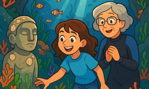 Une fille de 12 ans, Océane, aux cheveux châtains ondulés, porte un t-shirt bleu et un short en jean. Elle a des yeux pétillants et un large sourire, montrant son excitation en explorant une caverne sous-marine. À ses côtés, sa grand-mère, dans la soixantaine, porte une combinaison de plongée et observe la caverne avec émerveillement. L'endroit est mystérieux, avec des parois rocheuses recouvertes de coraux colorés et des algues flottant dans l'eau claire. Des rayons de lumière illuminent des poissons multicolores. Océane découvre une statue en pierre ancienne, recouverte de coquillages, et une boîte en métal scintillante à ses pieds. Elle tend la main vers la boîte, excitée, tandis que sa grand-mère l'encourage.