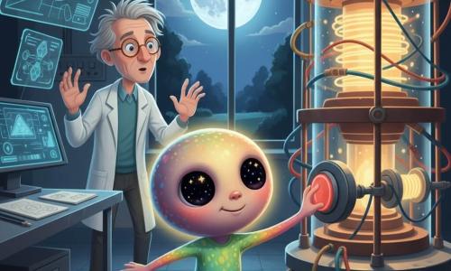 Jeune Zog aux tentacules iridescents et grands yeux étoilés, visage rond et sourire timide, appuie courageusement sur un bouton pour désactiver une machine à manipuler le temps ; en retrait, le Dr Lurian, scientifique humain d’âge moyen aux cheveux grisonnants et lunettes rondes, les mains levées, le regarde, dans un laboratoire nocturne avec fenêtre sur un parc lunaire, table métallique couverte de croquis, écrans holographiques bleuâtres, câbles et bobines lumineuses entourant une machine en verre et cuivre émettant un halo doré, lumière chaude de l’appareil contre lumière froide de la lune, atmosphère de confrontation calme et émerveillée.