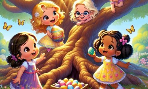 Dans un jardin ensoleillé, quatre petites filles se rassemblent autour d'un grand chêne. Lila, 8 ans, tient un œuf brillant, Émilie, 7 ans, l'observe avec émerveillement, Chloé, 6 ans, pointe un coffret en bois caché, et Zoé, 8 ans, a un panier rempli d'œufs colorés. Le jardin est joyeux, rempli de fleurs et de papillons, avec des rires d'enfants et l'odeur de gâteaux de Pâques. Les filles découvrent un œuf doré mystérieux, symbole d'une aventure magique, tout en partageant des rires sous le chêne.