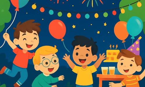 Quatre enfants célèbrent le Nouvel An dans un jardin décoré. Léo, 7 ans, a des cheveux bruns en bataille et porte un t-shirt rouge, il saute de joie avec un ballon coloré. Tom, 6 ans, blond avec des lunettes rondes, court après un ballon rouge. Max, 7 ans, châtain avec un chapeau de fête, danse en souriant. Hugo, 6 ans, noir avec des yeux pétillants, lève les bras au centre. Le jardin est orné de guirlandes scintillantes, de ballons et d'une table de gâteaux. Les enfants s'amusent, entourés de voisins joyeux, dans une ambiance festive illuminée par des feux d'artifice.