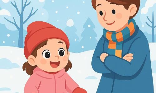 Une petite fille de 2 ans, avec de grands yeux brillants et un sourire joyeux, porte un bonnet rouge et un manteau rose. Elle est assise dans la neige, les mains plongées dans le blanc éclatant, avec une expression émerveillée. À côté d'elle, sa maman, une femme souriante d’environ 30 ans avec des cheveux châtains en chignon, l'observe tendrement, les bras croisés, vêtue d'un manteau bleu et d'une écharpe colorée. Le jardin paisible est recouvert d'une épaisse couche de neige scintillante sous la lumière douce du matin, avec des arbres chargés de neige. La petite fille découvre la neige pour la première fois, riant et jouant, tandis que sa maman la regarde avec amour, créant une scène chaleureuse d'hiver.