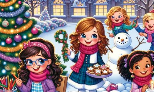 Dans une cour d'école enchantée, quatre filles se rassemblent autour d'un grand sapin décoré. Chloé, 10 ans, sourit en tenant une guirlande scintillante. Emma, 9 ans, colorie des cartes d'invitation. Lila, 10 ans, crée un bonhomme de neige en riant. Sarah, 9 ans, tient un plateau de biscuits en forme d'étoiles. La cour est recouverte de neige, des flocons tombent et des guirlandes lumineuses scintillent. Elles préparent une fête surprise de Noël pour leur maîtresse, Madame Dupont, en décorant la cour et en préparant des douceurs, tout en s'amusant dans une ambiance féerique.